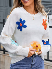 Crochet Flower Round Neck Sweater - Trendsi