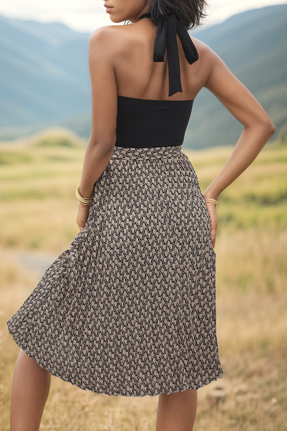 Crisscross Printed Halter Neck Dress - Flyclothing LLC