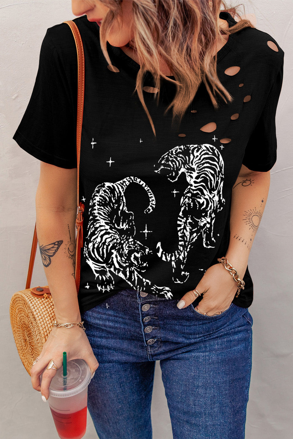 Cutout Graphic Round Neck Short Sleeve T-Shirt Trendsi