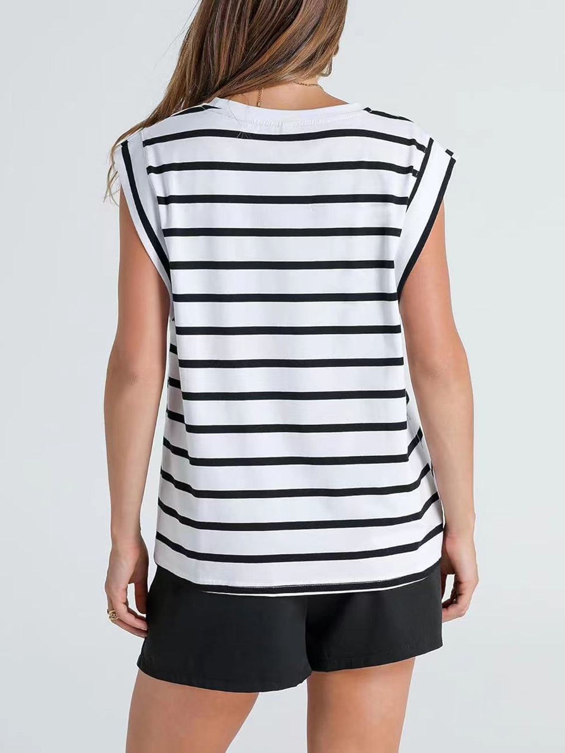 Striped Round Neck Cap Sleeve T-Shirt - Flyclothing LLC