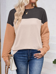 Color Block Round Neck Long Sleeve Sweatshirt - Trendsi