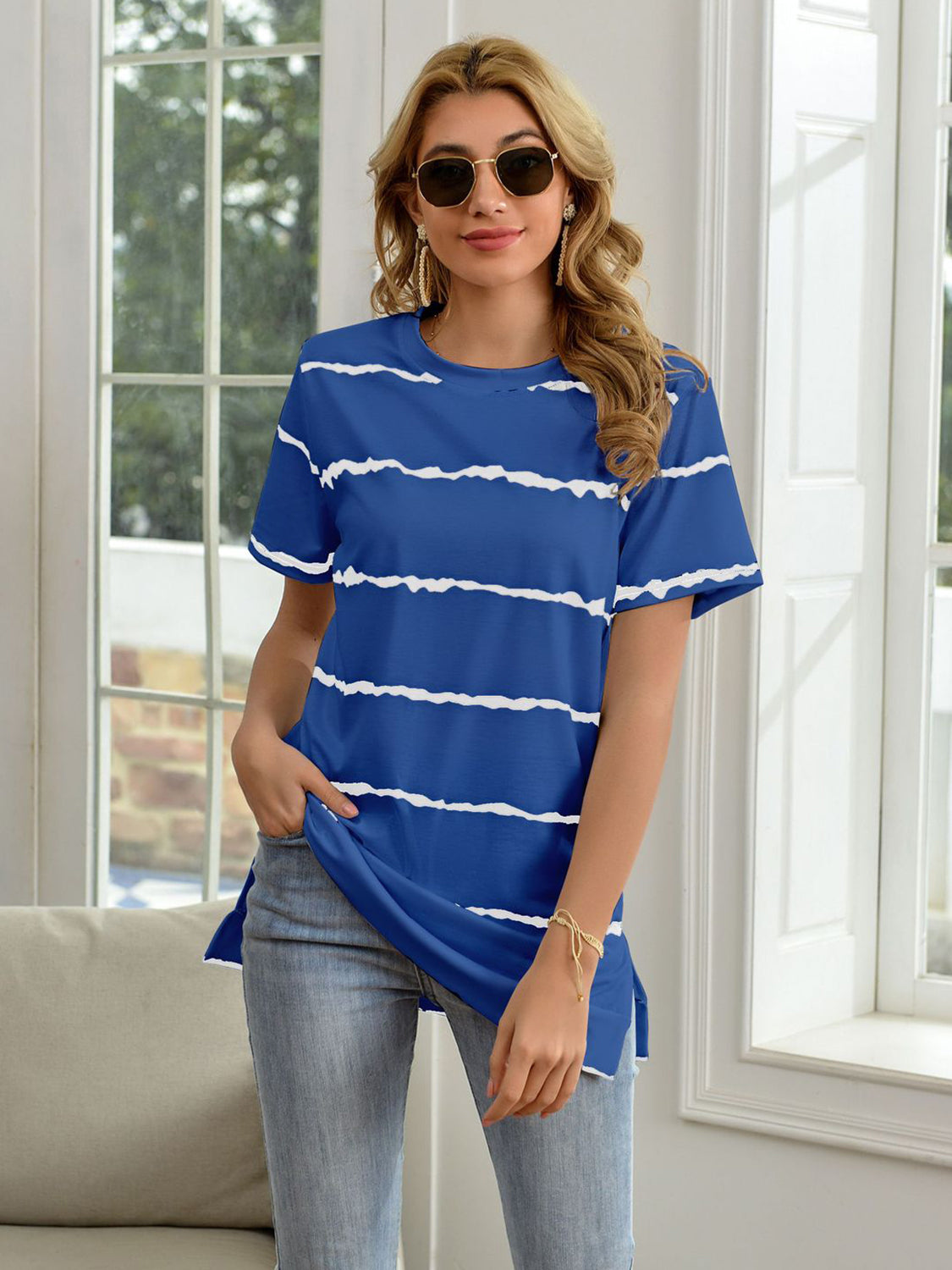 Striped Round Neck Short Sleeve T-Shirt - Flyclothing LLC