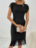 Fringe Openwork Boat Neck Knit Dress - Flyclothing LLC