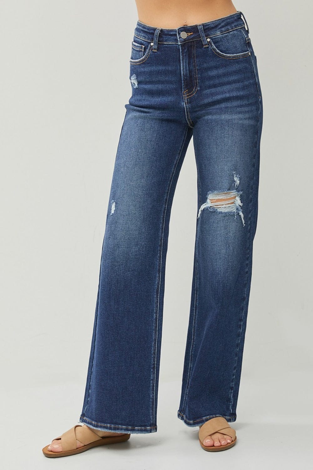 RISEN Full Size High Rise Distressed Wide Leg Jeans - Trendsi