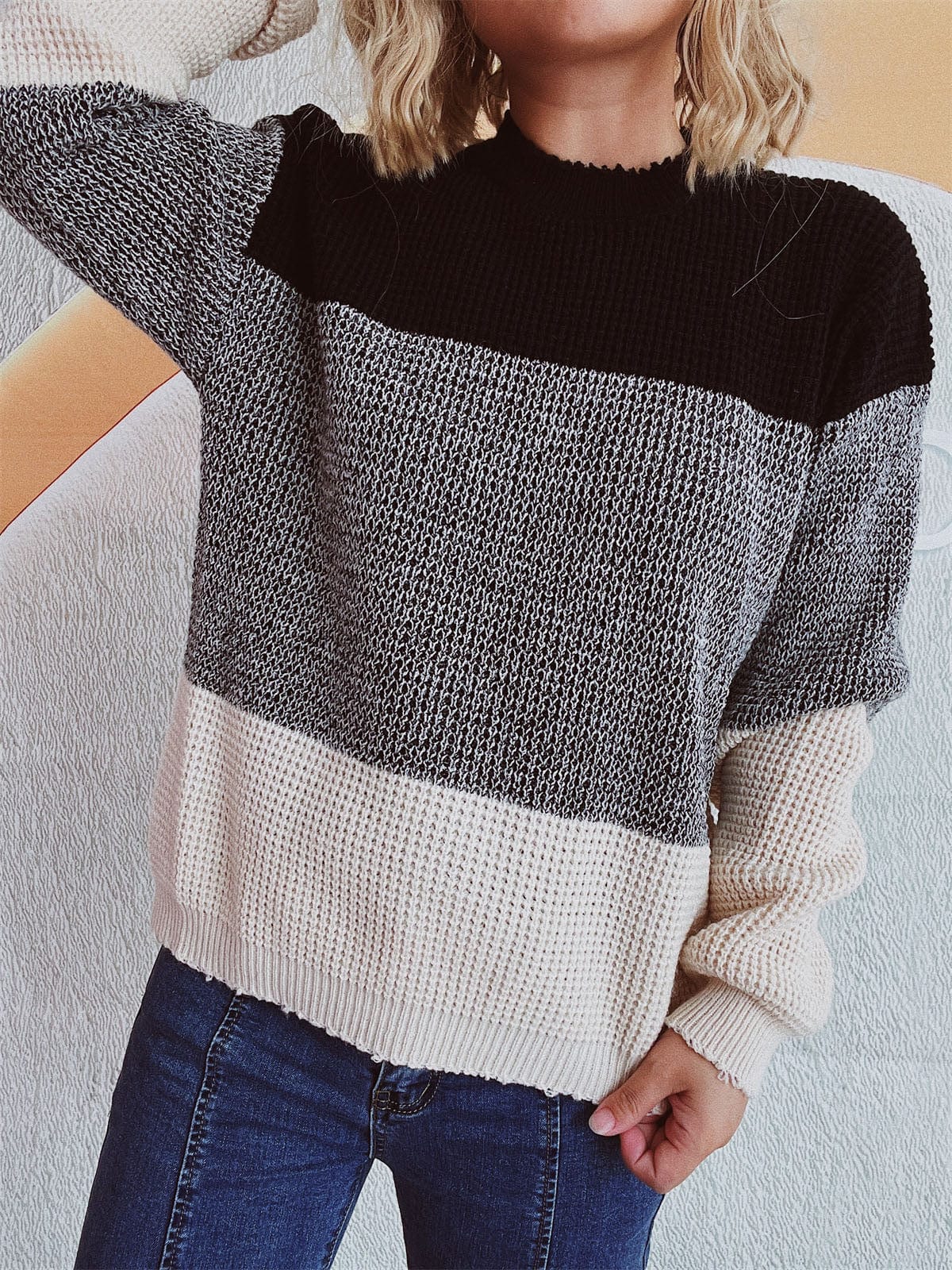 Color Block Long Sleeve Sweater - Trendsi