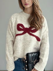 Bow Round Neck Long Sleeve Sweater - Trendsi