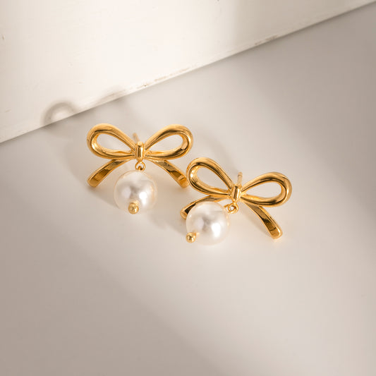 Stainless Steel Bow Pearl Earrings Trendsi