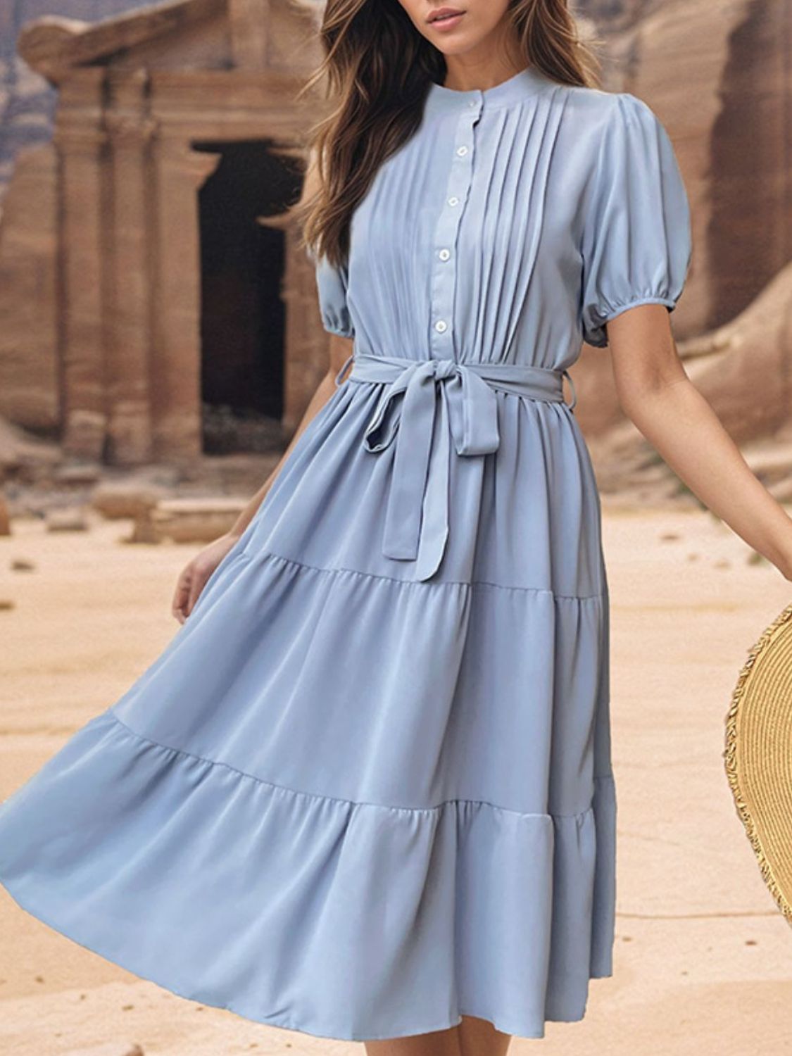 Tie Waist Puff Sleeve Midi Dress Trendsi