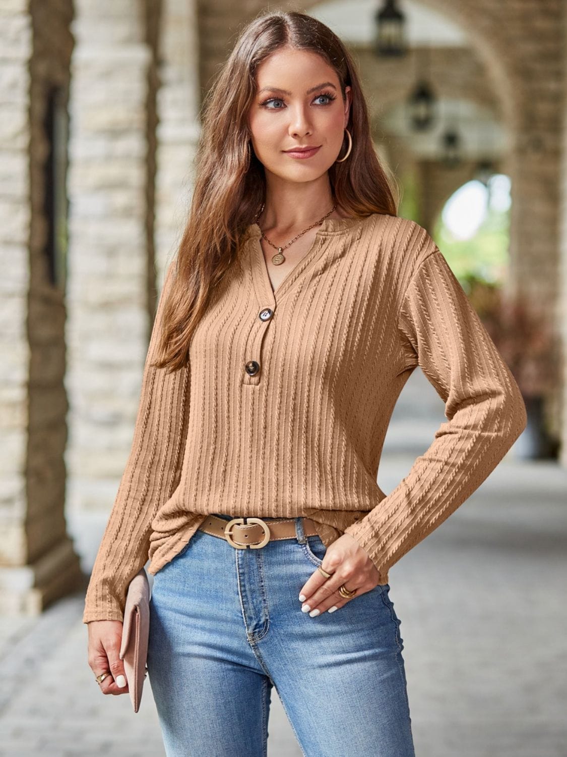 Mandy Notched Long Sleeve T-Shirt - Trendsi