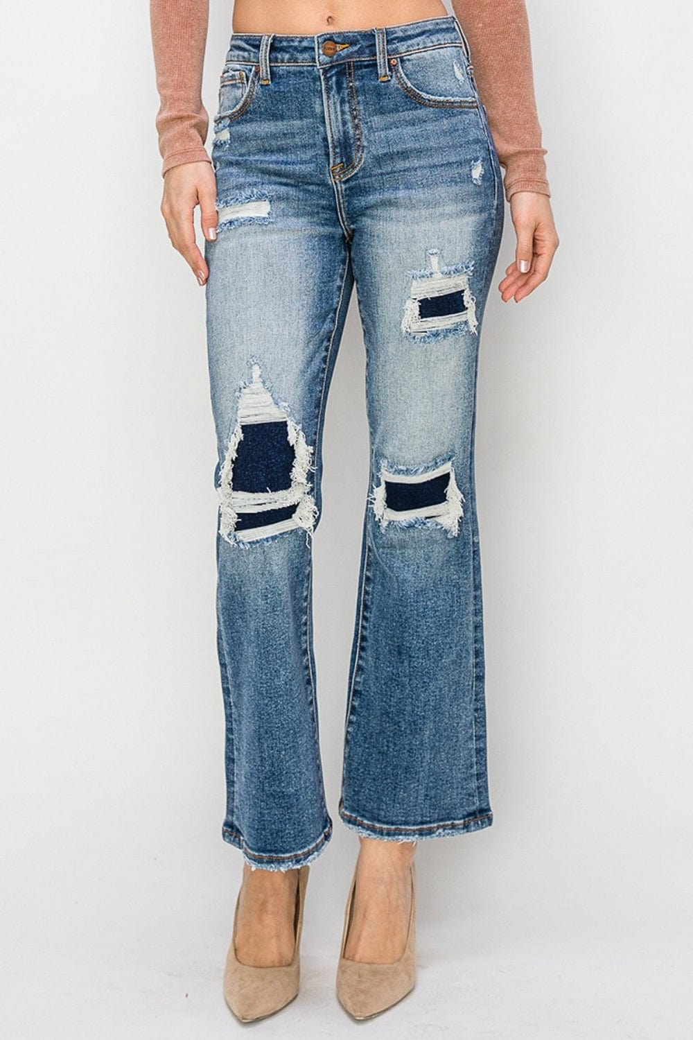 Risen Full Size High Rise Distressed Ankle Flare Jeans - Trendsi