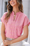 Printed Notched Short Sleeve Blouse - Flyclothing LLC