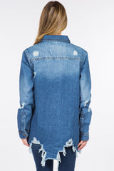 American Bazi Distressed Frayed Hem Denim Jacket - Trendsi