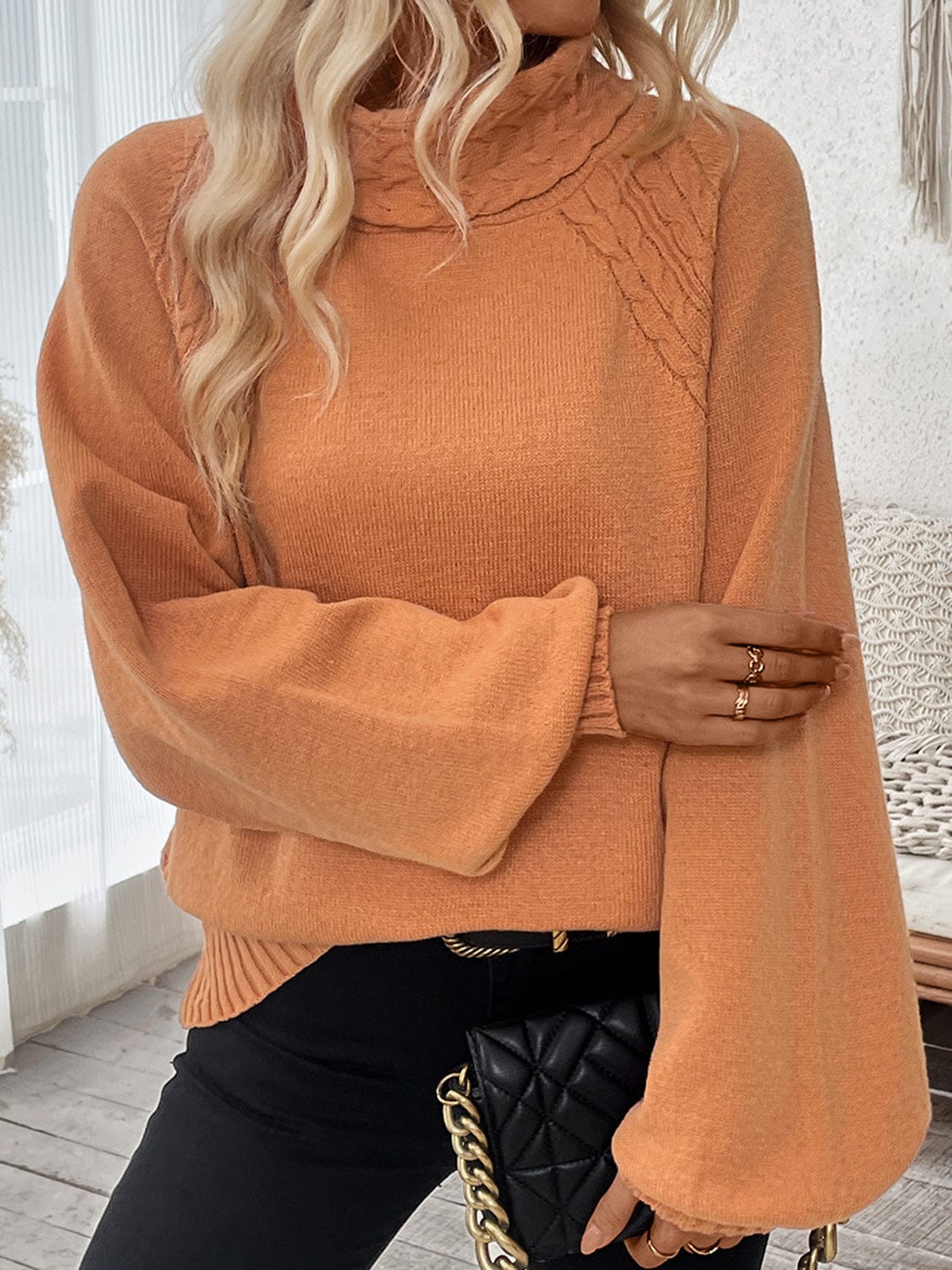 Cable-Knit Turtleneck Long Sleeve Sweater - Trendsi