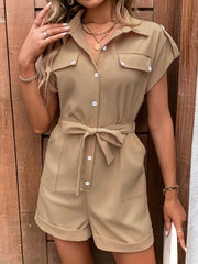 Collared Neck Tie Waist Romper with Pockets Trendsi