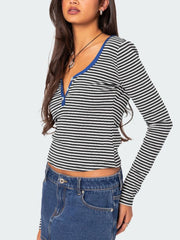 Buttoned Striped Long Sleeve T-Shirt - Trendsi