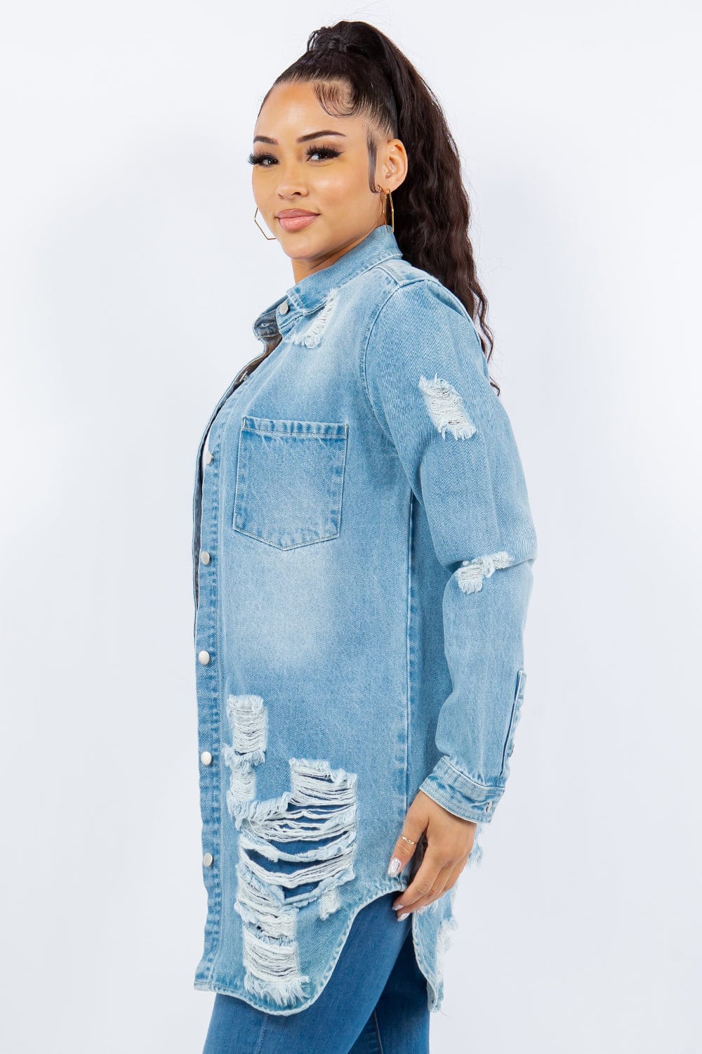 American Bazi Distressed Button Up Long Sleeve Denim Jacket - Trendsi