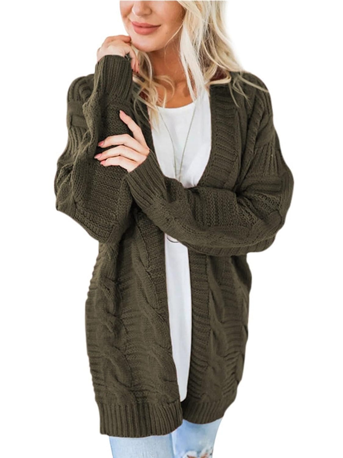 Cable-Knit Open Front Long Sleeve Cardigan - Trendsi