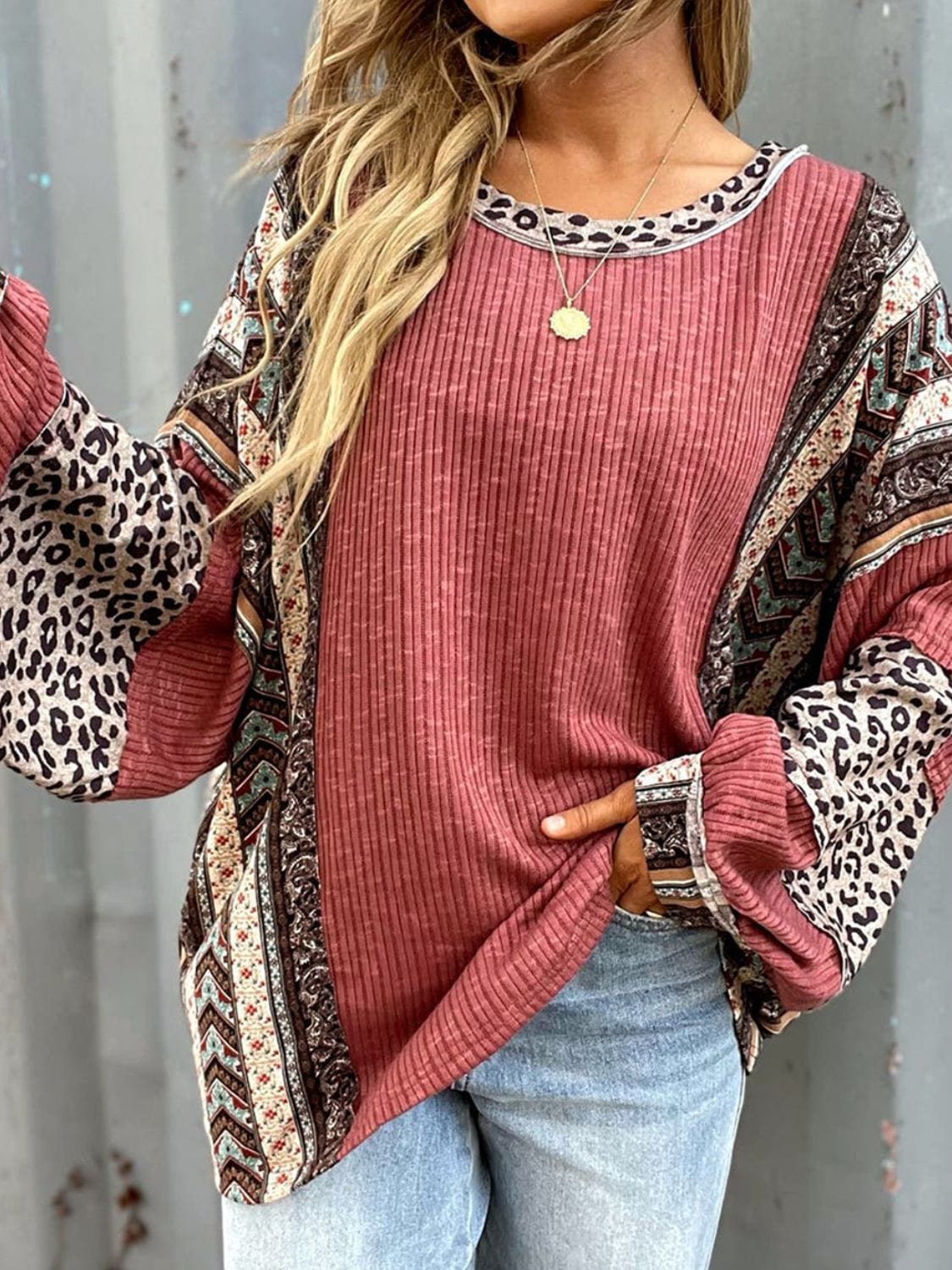 Leopard Round Neck Long Sleeve Sweatshirt - Trendsi