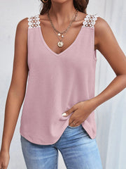 Lace Detail Waffle-Knit V-Neck Tank - Trendsi