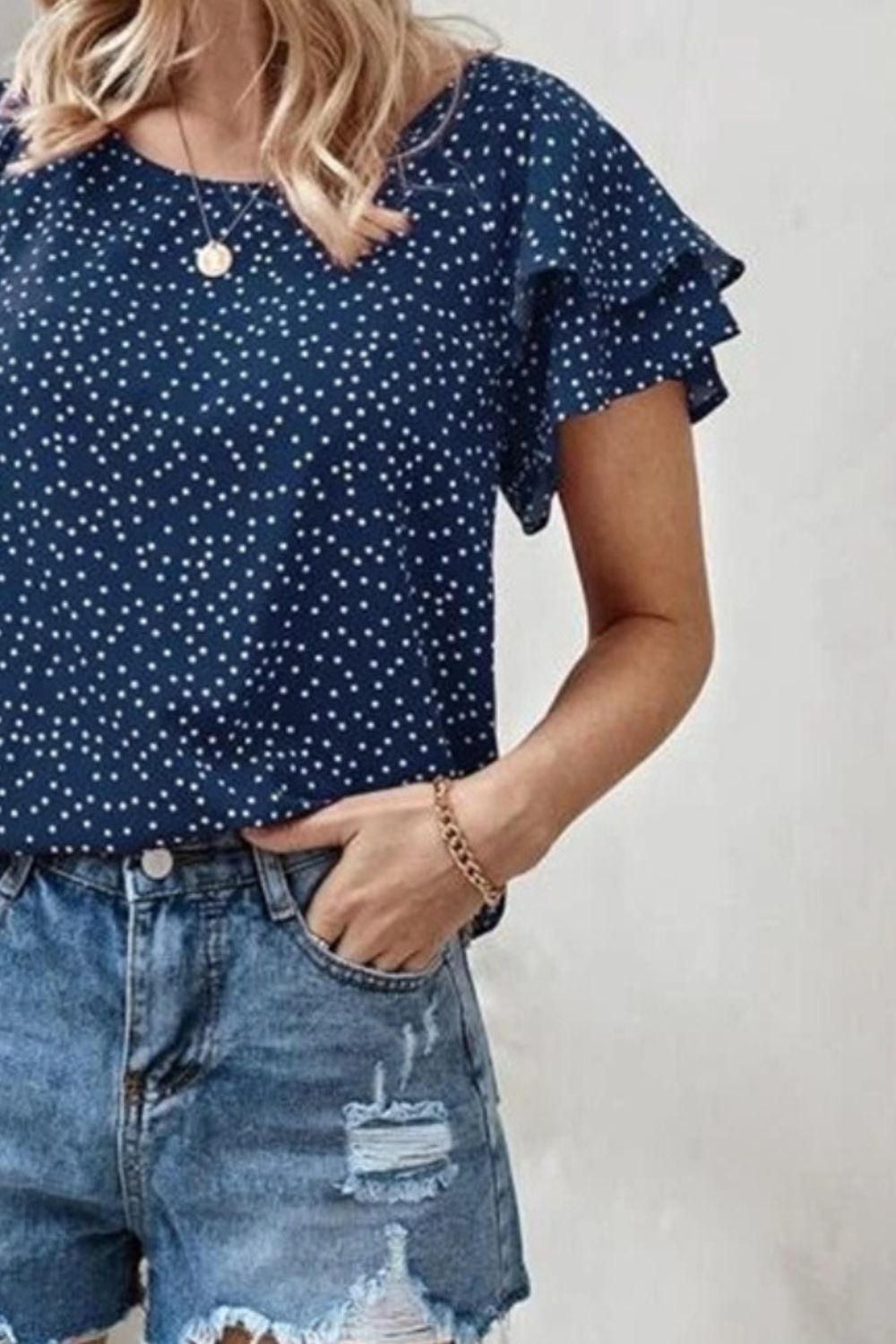 Ruffled Polka Dot Round Neck Short Sleeve Blouse - Flyclothing LLC