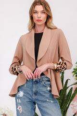 Celeste Full Size Rolled Leopard Cuff Open Front Blazer - Trendsi