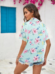 Printed Collared Neck Short Sleeve Shirt - Flyclothing LLC