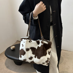 Cow Print Furry Tote Bag - Trendsi