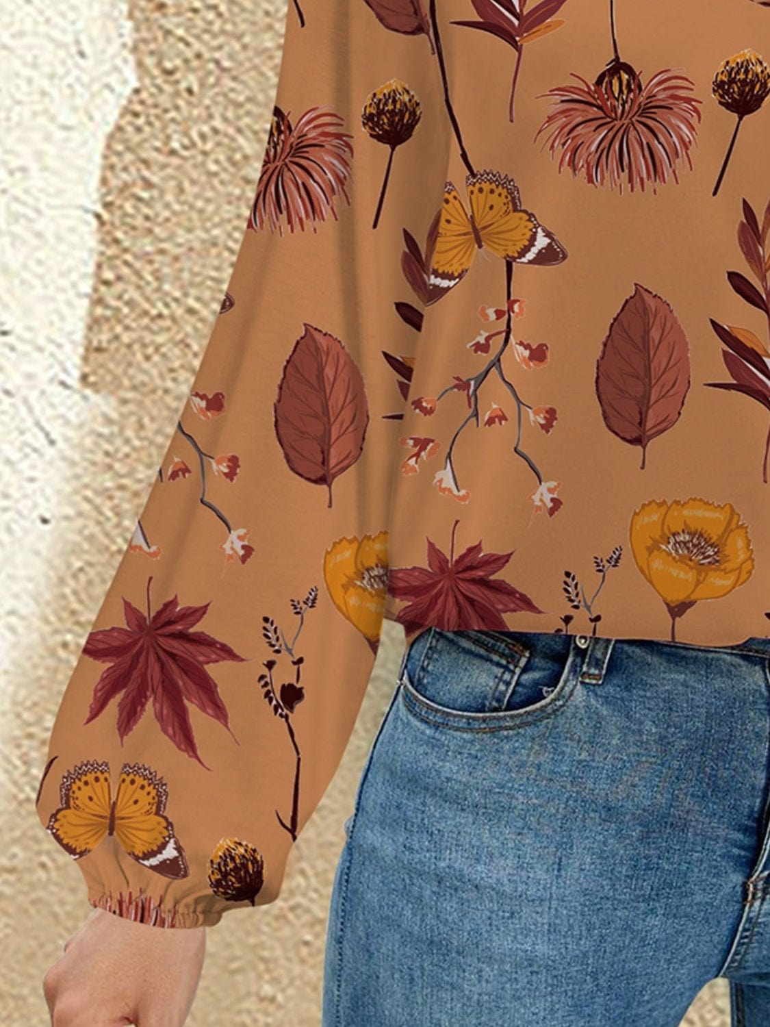 FAM-FAM Printed Notched Long Sleeve Blouse - Trendsi