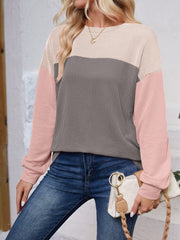 Color Block Round Neck Long Sleeve Sweatshirt - Trendsi