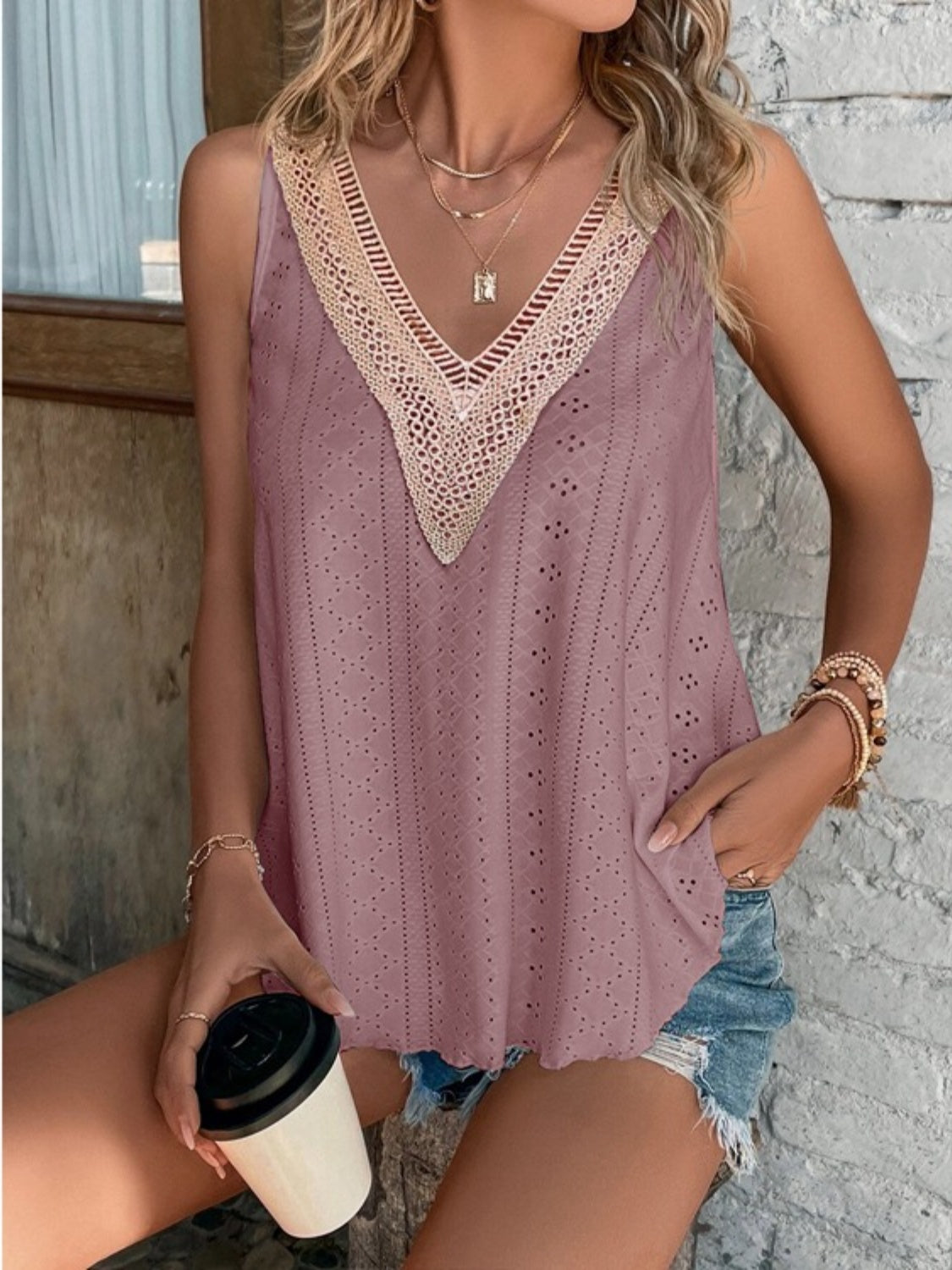 Eyelet V-Neck Wide Strap Tank - Flyclothing LLC