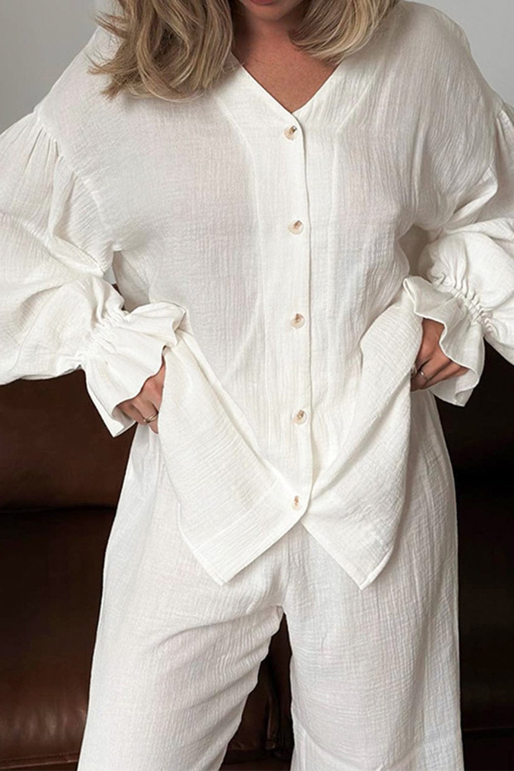 Breathable Ruffled V-Neck Long Sleeve Top and Pants Set - Trendsi