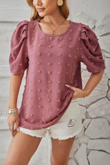 Swiss Dot Round Neck Short Sleeve Blouse Trendsi