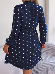 Polka Dot Tie Neck Pleated Dress - Flyclothing LLC