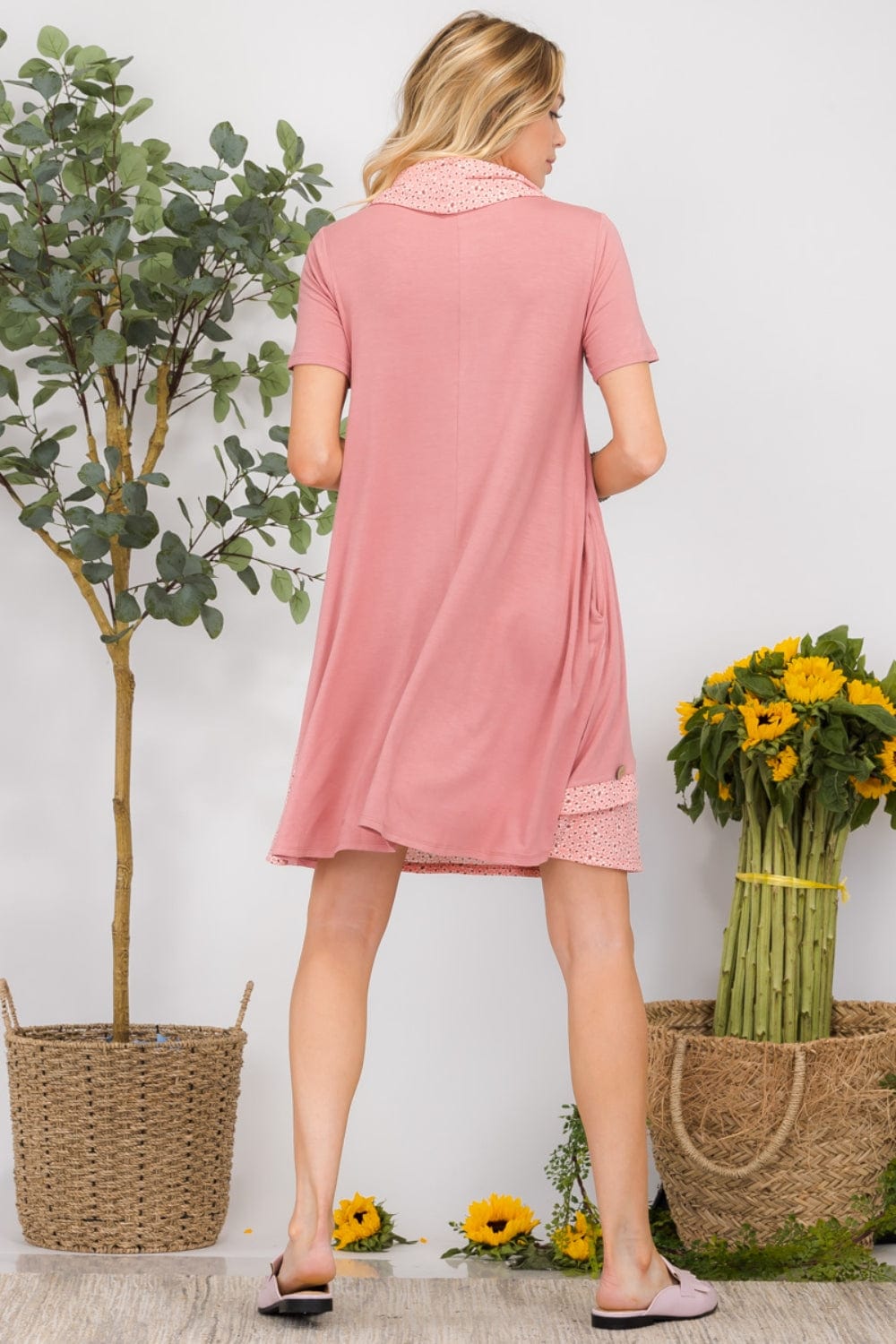 Celeste Full Size Decor Button Short Sleeve Dress with Pockets - Trendsi