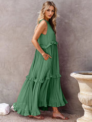 Ruffled Sleeveless Tiered Maxi Dress with Pockets Trendsi