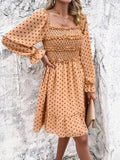 Smocked Polka Dot Long Sleeve Dress - Flyclothing LLC