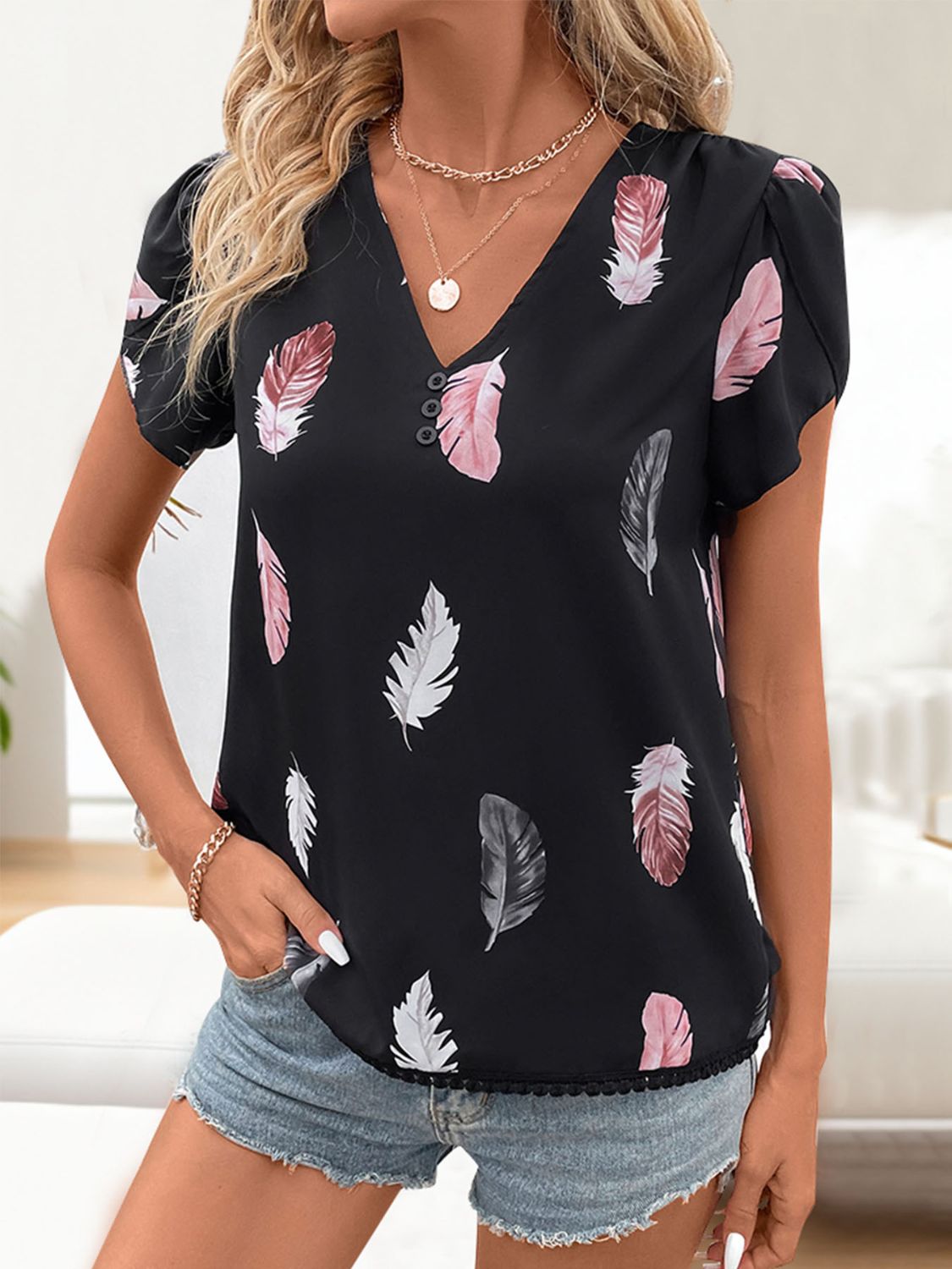 Printed V-Neck Short Sleeve Blouse Trendsi