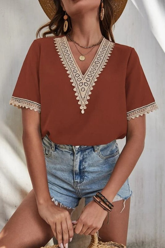 Full Size Lace Detail V-Neck Short Sleeve Blouse Trendsi