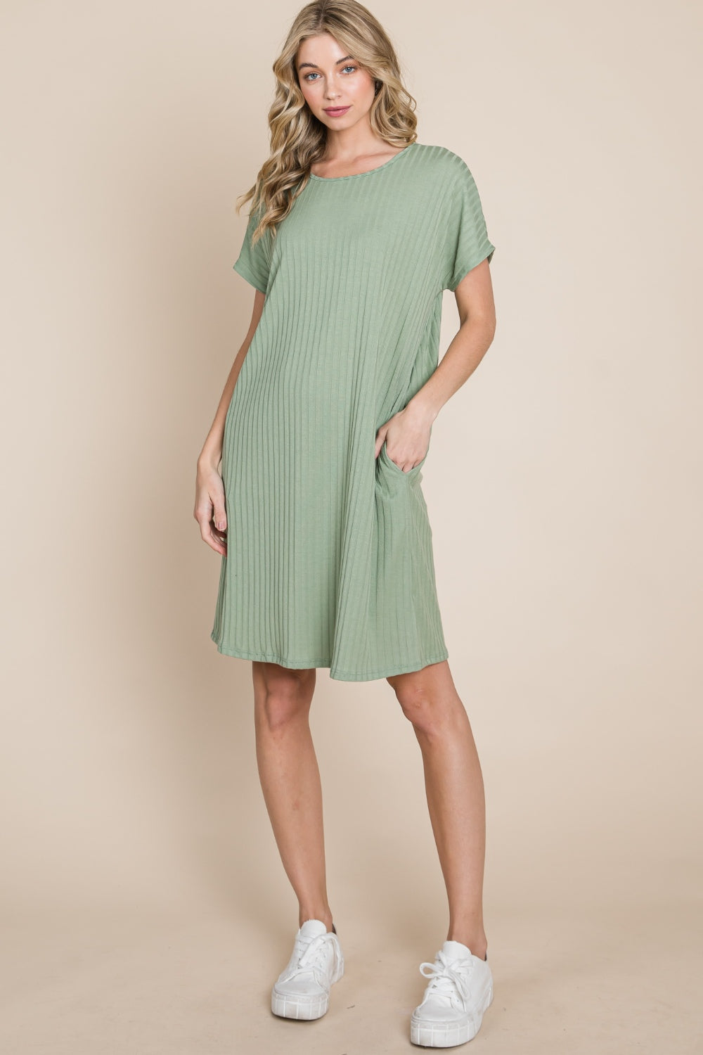 BOMBOM Ribbed Round Neck Short Sleeve Dress - Flyclothing LLC