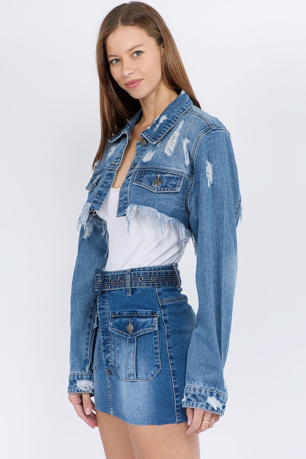 American Bazi Distressed Denim Jacket with Frayed Hem - Trendsi