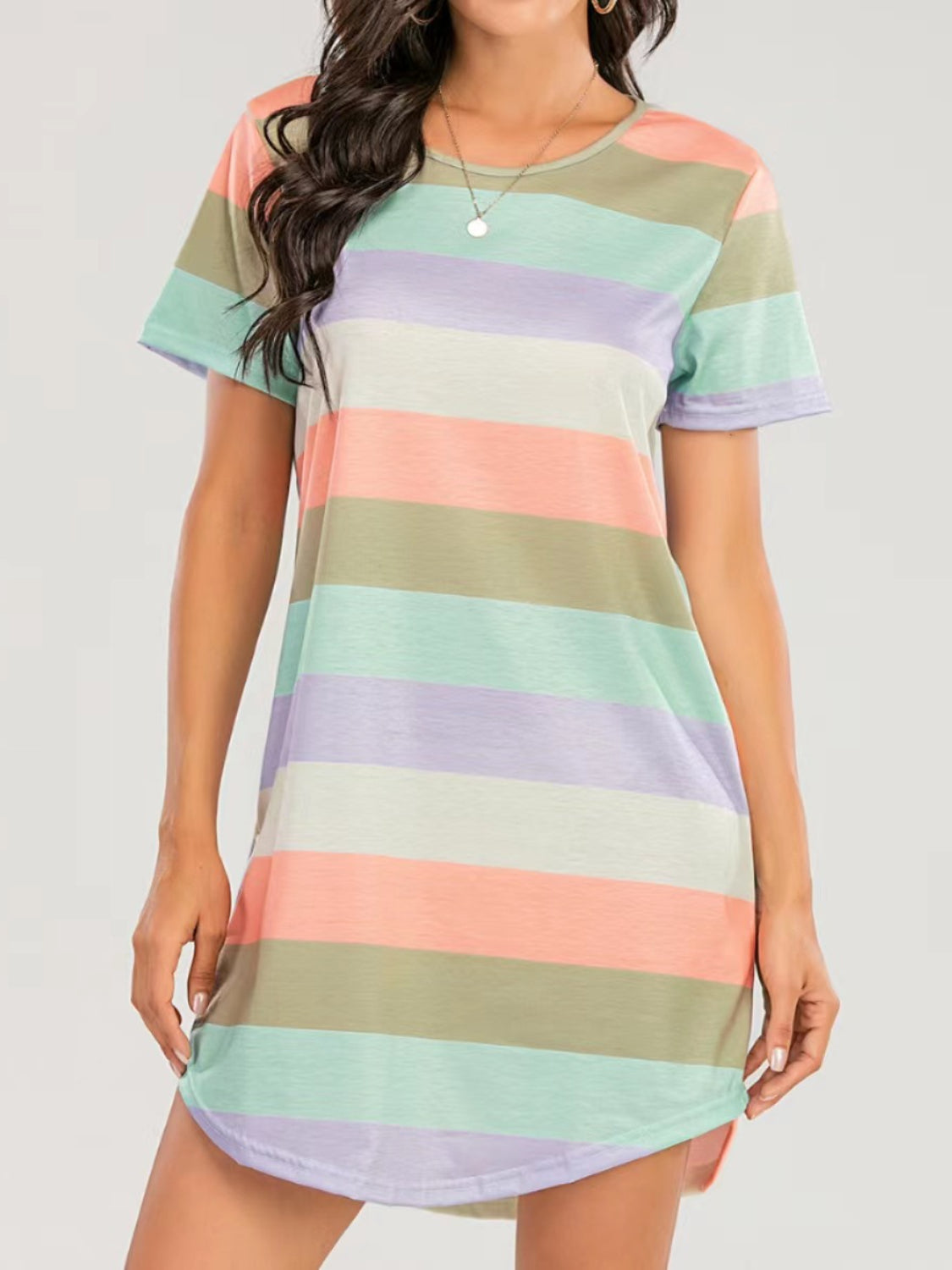 Striped Round Neck Short Sleeve Tee Dress Trendsi