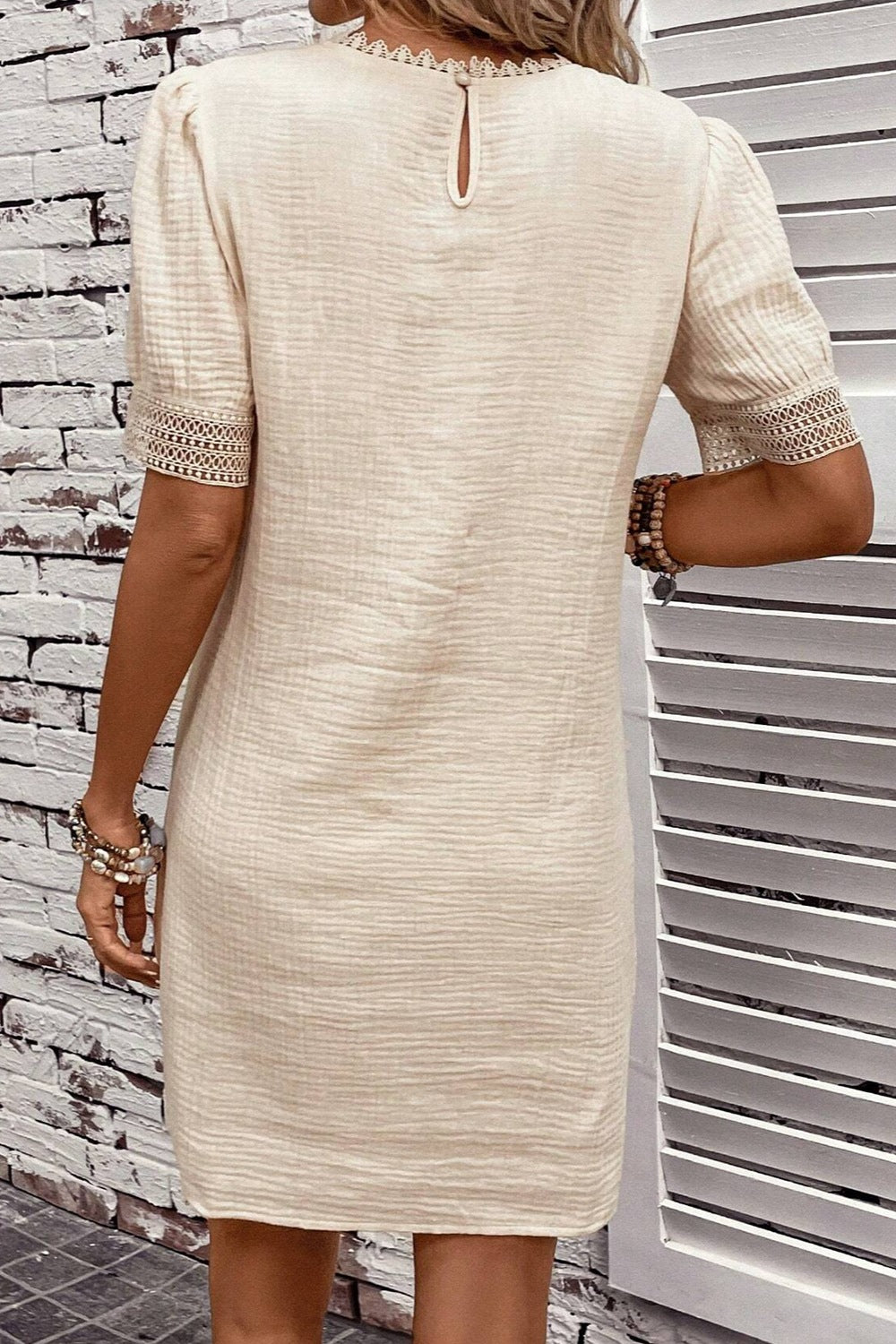 Lace Detail Round Neck Short Sleeve Mini Dress - Flyclothing LLC