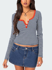 Buttoned Striped Long Sleeve T-Shirt - Trendsi