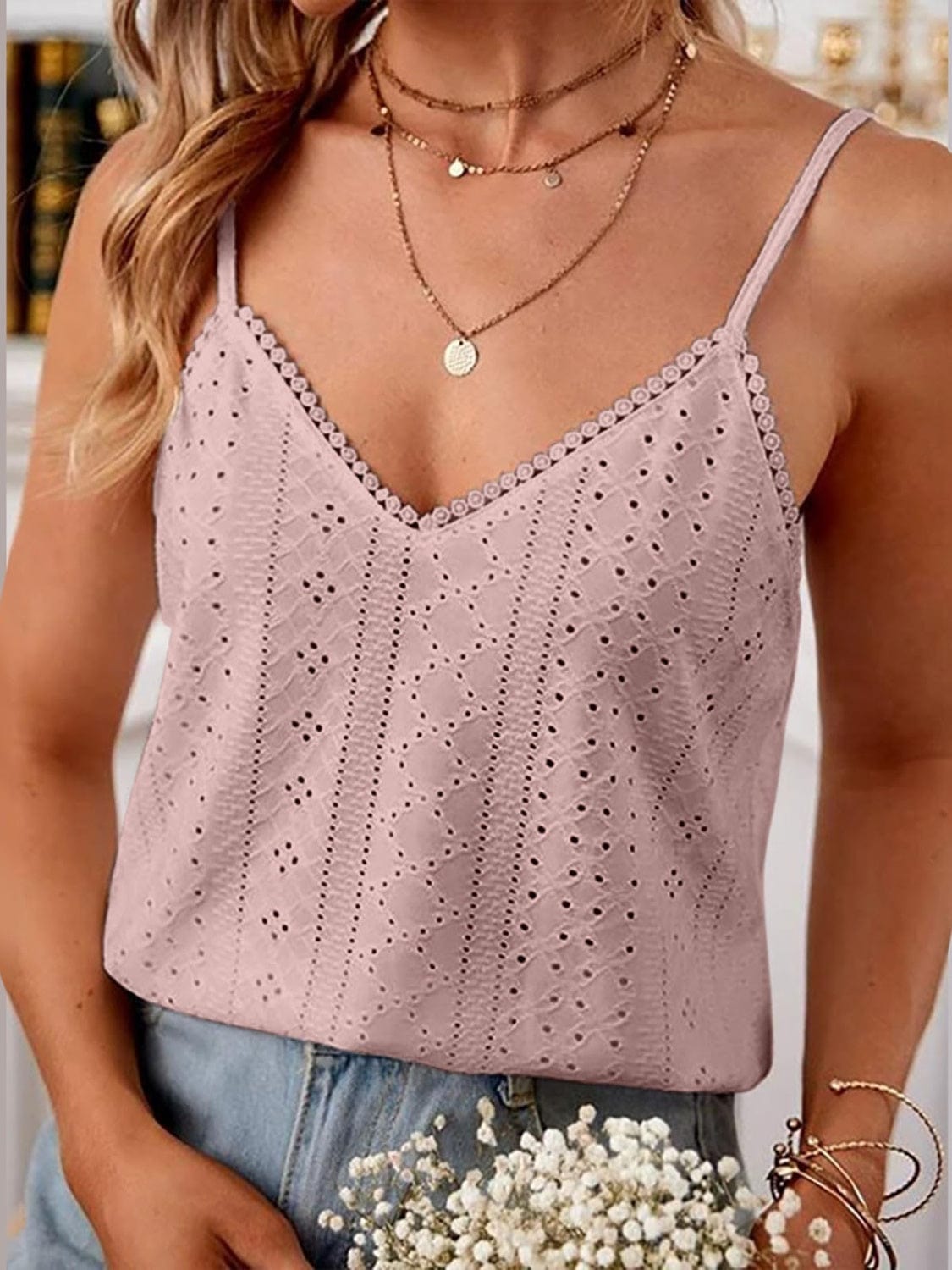 Eyelet Lace Detail V-Neck Cami - Trendsi