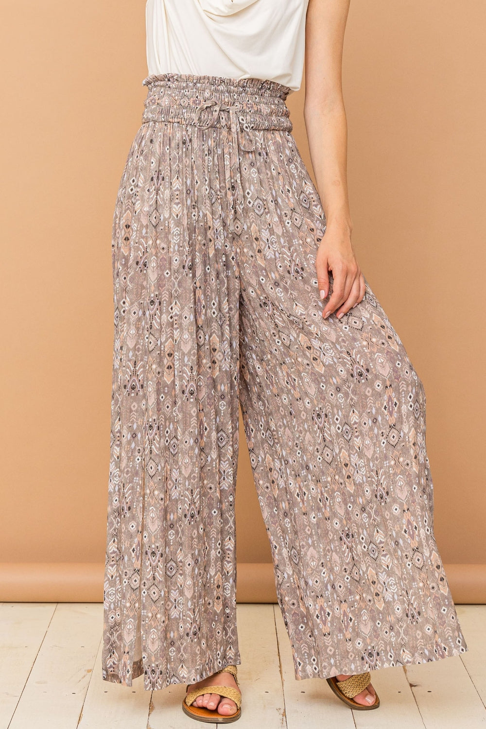 And The Why Printed Smocked Waist Slit Wide Leg Pants - Flyclothing LLC