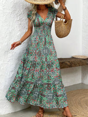 Smocked Printed Cap Sleeve Midi Dress Trendsi