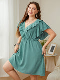 Plus Size Swiss Dot Ruffled Surplice Flutter Sleeve Mini Dress - Flyclothing LLC