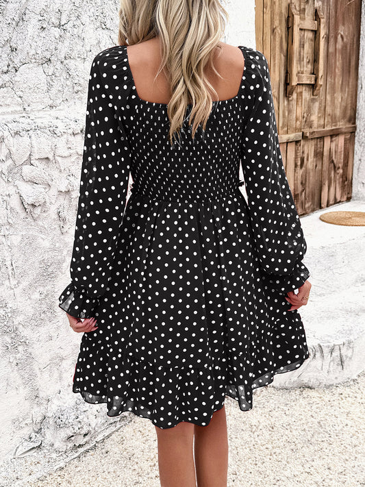 Smocked Polka Dot Long Sleeve Dress - Flyclothing LLC