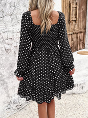 Smocked Polka Dot Long Sleeve Dress - Flyclothing LLC