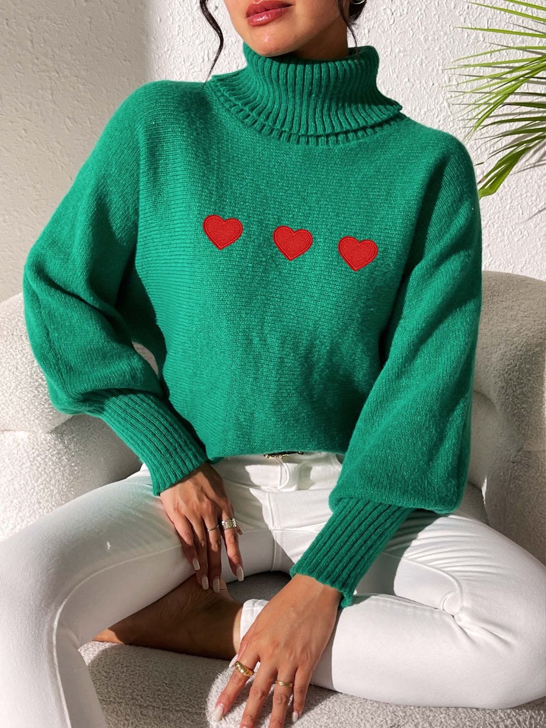 Heart Turtleneck Long Sleeve Sweater - Trendsi